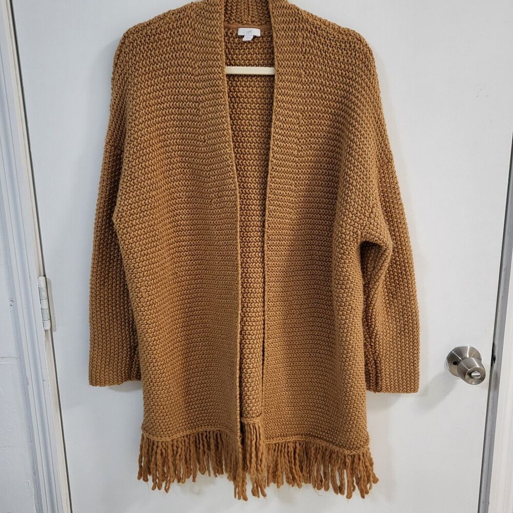 J JILL Dreamer Cardigan Womens L Saffron Wool Blend Open Longline Fringe Hem